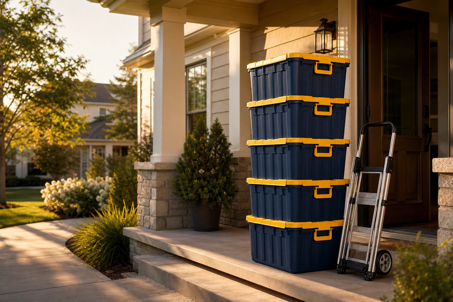 A stack of navy blue ReadyTote moving totes with yellow lids delivered on the front porch of a home in Dublin, Georgia, with a hand dolly beside them.