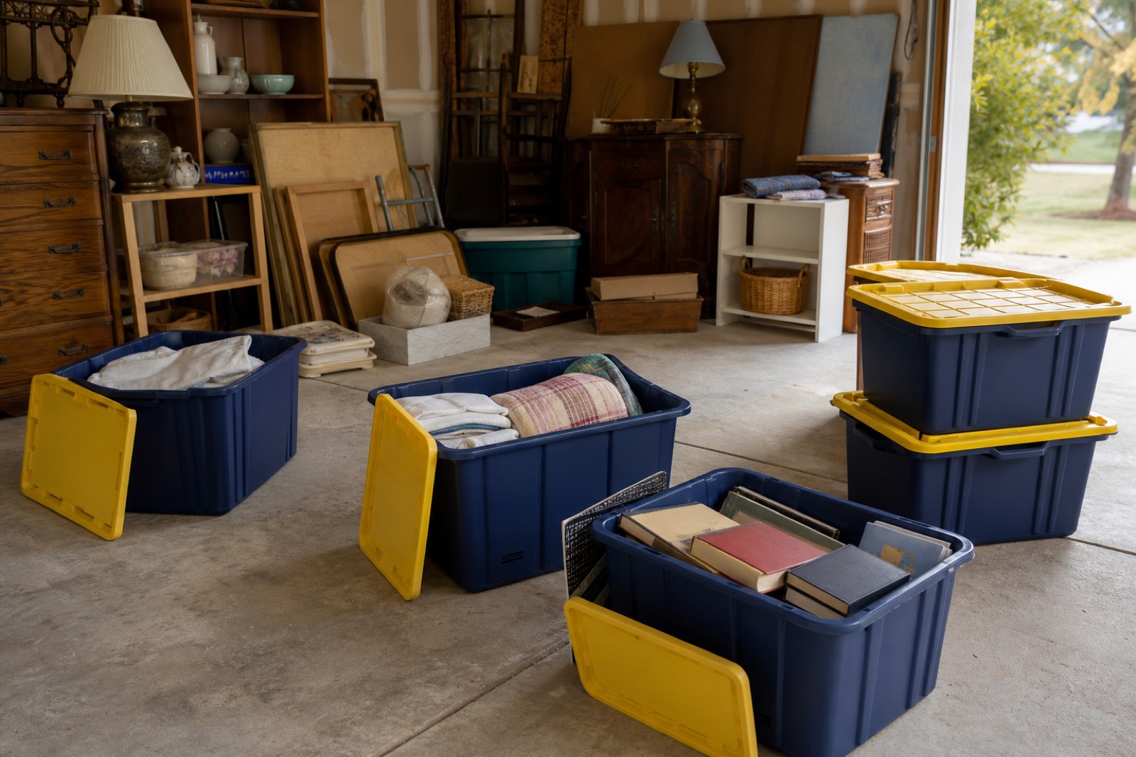Open navy ReadyTote crates on a garage floor part-filled with books and linens during an estate cleanout, with sorted stacks beside them.