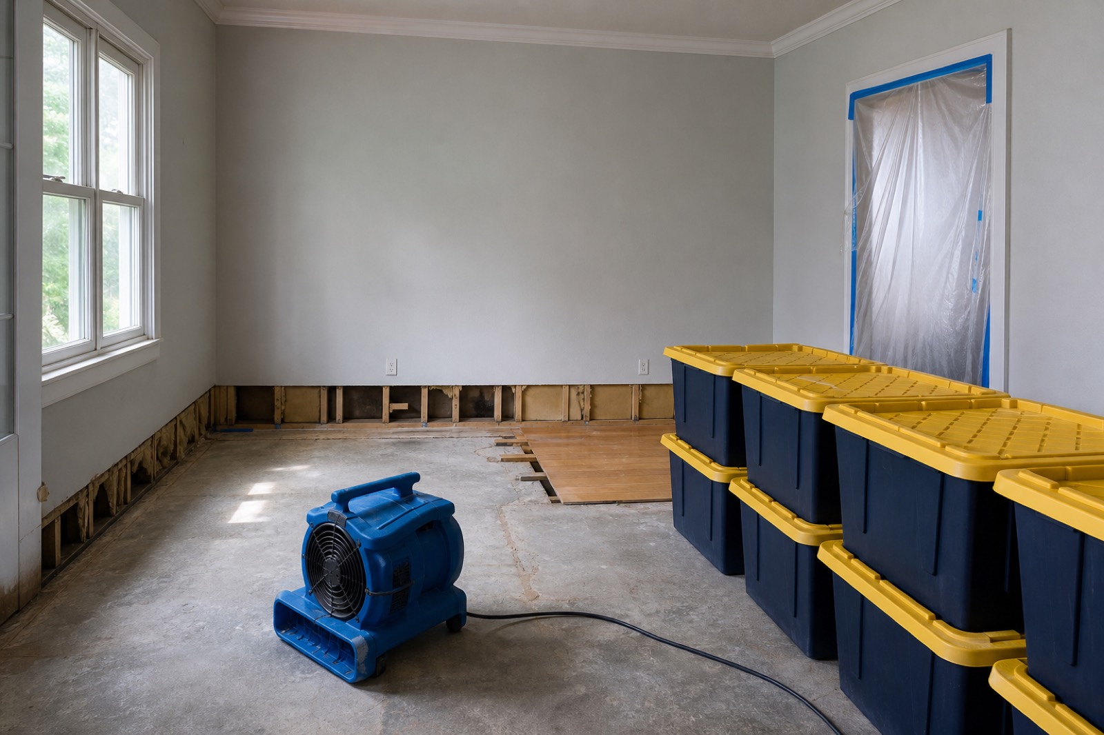 Closed navy ReadyTote crates stacked along the wall of a room stripped back for water-damage repair, with a drying fan on the floor.