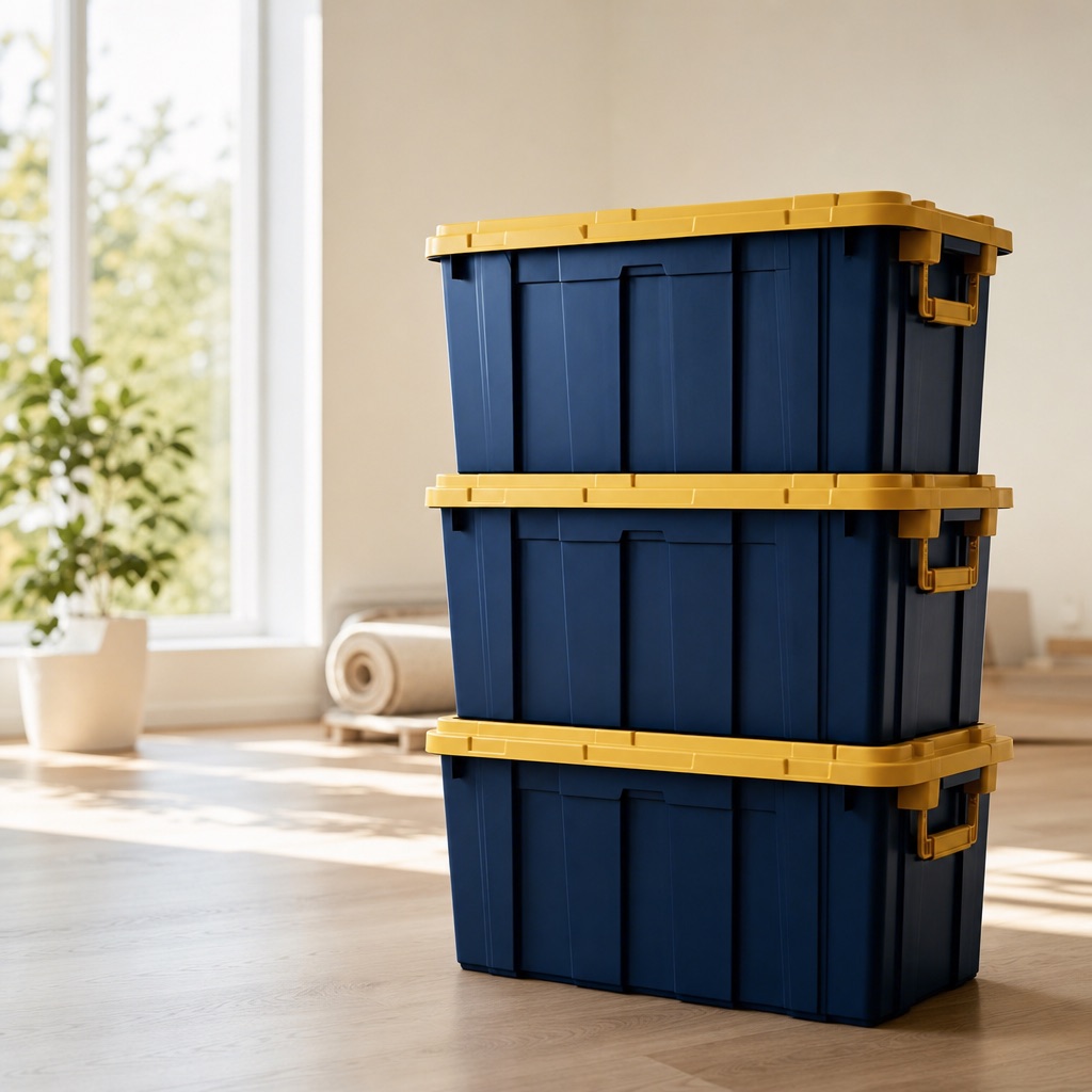 Three navy blue ReadyTote 27-gallon moving totes with yellow lids stacked neatly in a bright living room.